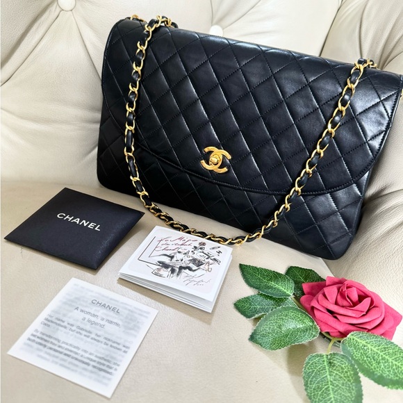 SOLD - 💎 AUTH Chanel Vintage Classic Single Flap Bag Quilted Lambskin Large - Picture 4 of 15